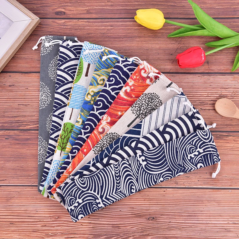 Tableware Storage Bag 1pc Drawstring Portable Cotton Linen Spoon Chopsticks Storage for Travel Dinnerware Accessories
