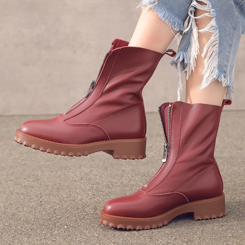 New Natural Genuine Leather Boots Women Metal Round Toe Ladies Ankle Boots for Women Square Heels Spring Autumn Shoes