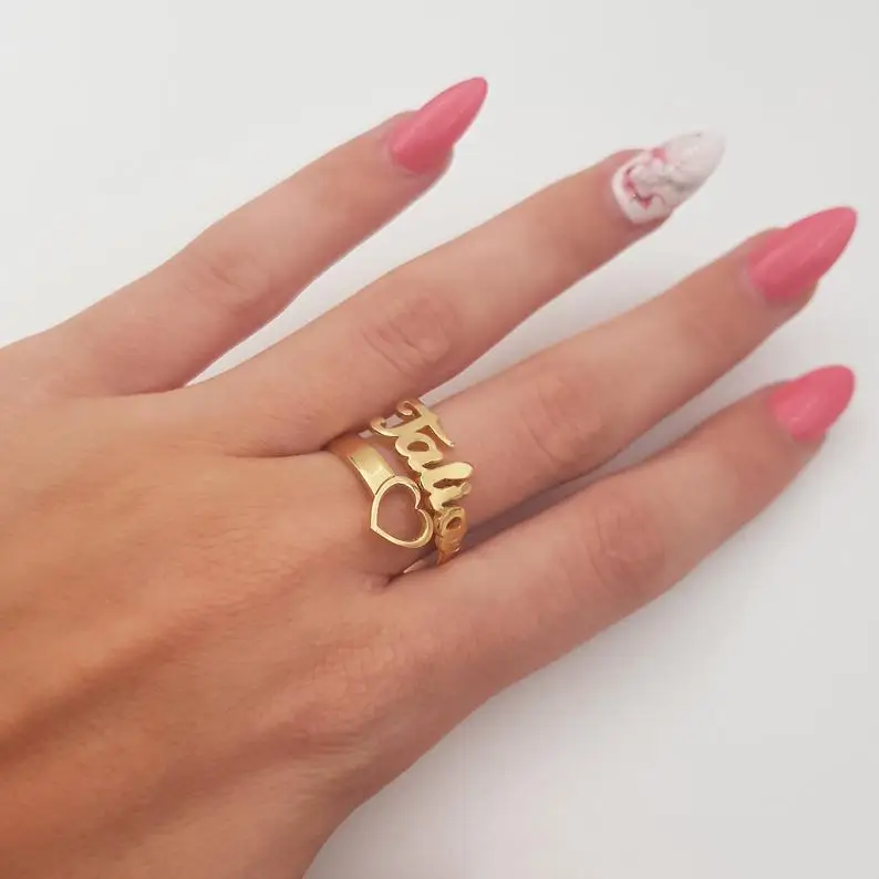 Custom Heart Name Ring Personalized Heart Ring Adjustable Size Stainless Steel Unique Jewelry Wedding Rings Gift For Women Girl