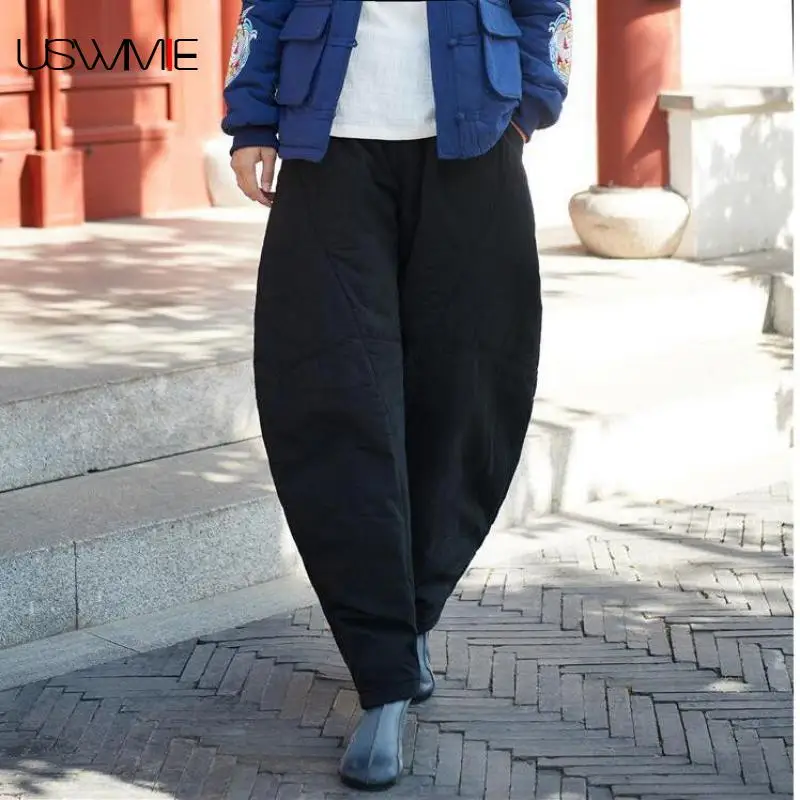 

Зимние женские брюки осень зима ретро повседневный Свободный Фонарь теплого света Йога Эластичный пояс Чистый цвет Карманы удобные брюки для женщин