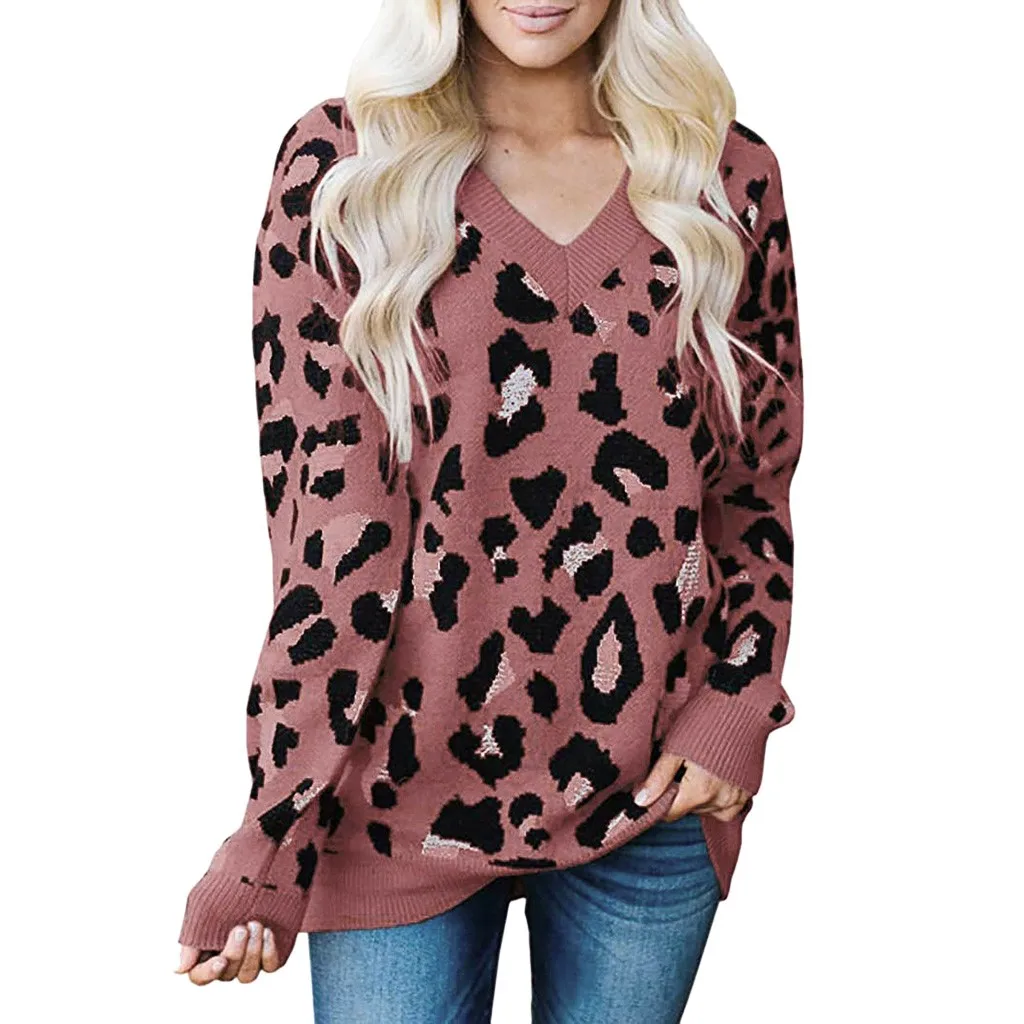 Jaycosin Fashion Casual Lady Leopard Sweater Chic Stylish Comfortable Soft Elegant Loose V-Neck Fit Tops Blouse sweater