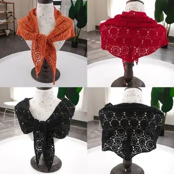 

Women Embroidery Crochet Shawl Neckerchief Soft Breathable Cotton Triangle Neck Scarf for Ladies Party Festival Decor