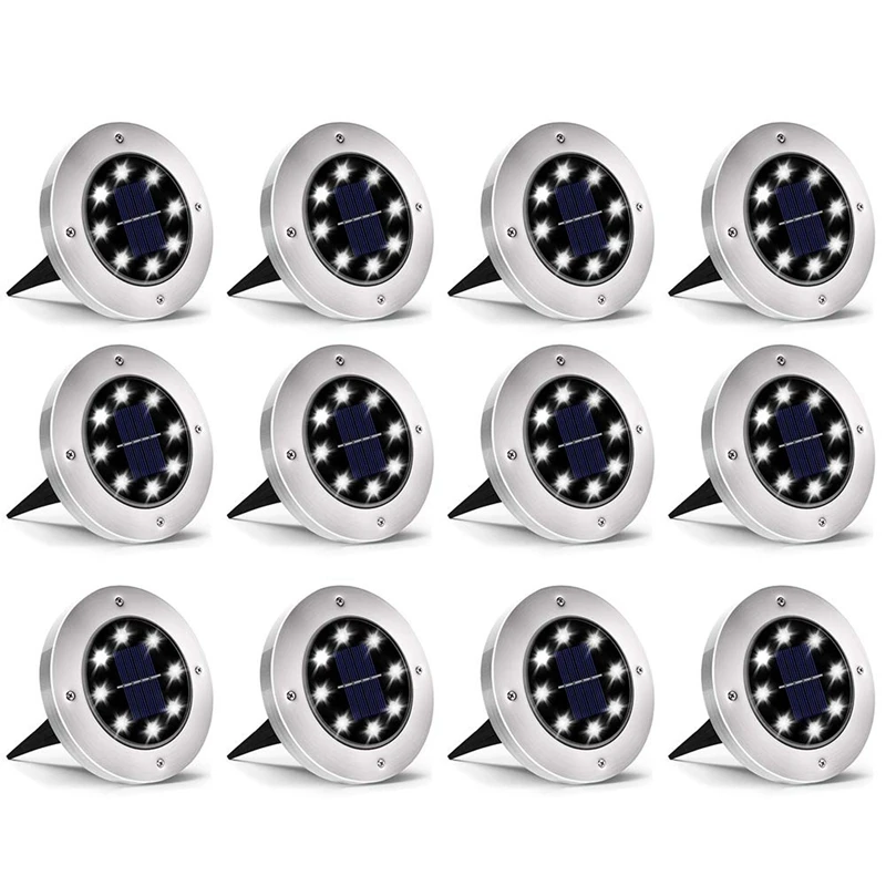 

8 LED Solar Ground Lights Outdoor Waterproof Landscape Disk Lamp for Garden Pathway Yard Deck Patio Walkway 12 Packs