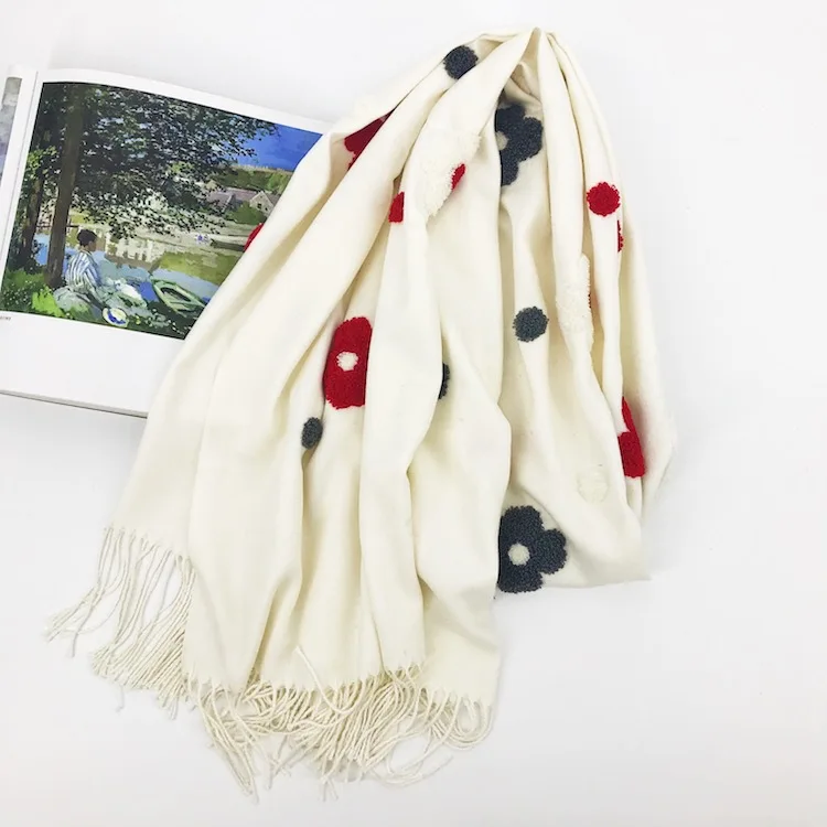Роскошный брендовый шарф, толстый зимний женский шарф, теплый кашемировый Цветочный вышитый шалевая накидка с бахромой в виде кисточек, одеяло, хиджаб, женский шарф из пашмины - Цвет: Белый