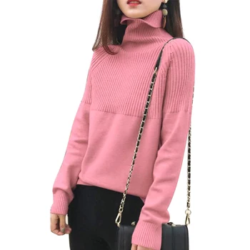 

Long Sleeves Fashion Soft Casual Rib Splicing Pullover Solid Knitted Daily Streetwear Women Sweater Autumn Winter High Collar