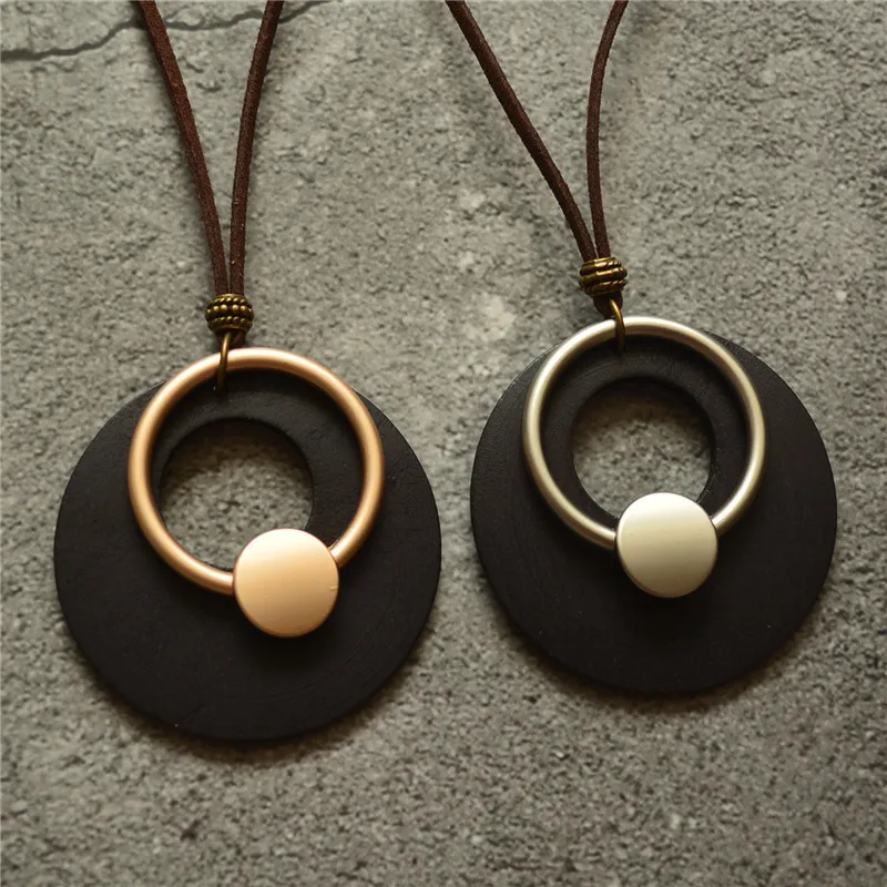Vintage Simple Geometric Circle Wooden Necklaces Long Rope Sweater Chain Ethnic Style Necklace for Woman Jewelry |