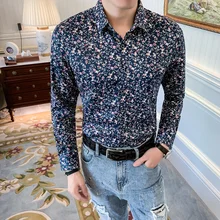 Ретро Бренд, повседневная мужская рубашка,, мужская рубашка, цветочный принт, длинный рукав, уличная одежда, топ, Camisa Social Masculina Manga Longa