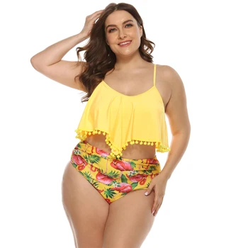 

Plus Size Swimsuit Women 2020 New High Waist Swimwear Flamingo Bikinis Set Yellow Tassel Beachwear Maillot De Bain Femme 3XL
