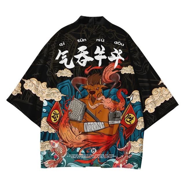 Bebovizi Japanese Style Cat Samurai Kimono Streetwear Men Women Cardigan Japan Harajuku Anime Robe Anime Clothes 2020 Summer 1006-black
