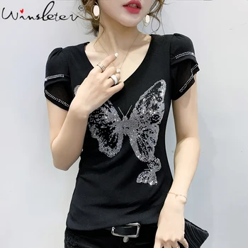 

Black T shirt Women Cotton Diamonds Butterfly V-neck Petal Sleeve Slim T-shirt Tops Tee Casual Summer 2020 Female T02812B