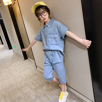 

Teenage Girl Denim Suit Summer Children Short Sleeve Turn-Down Cardigan Jeans Blouse Shirt+Short Pant Teen Cowboy Two Piece Set