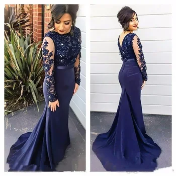 

New Elegant Woman Evening Gown Dark Blue Plus size Slim Lace long Evening Dress Suitable for Formal Parties