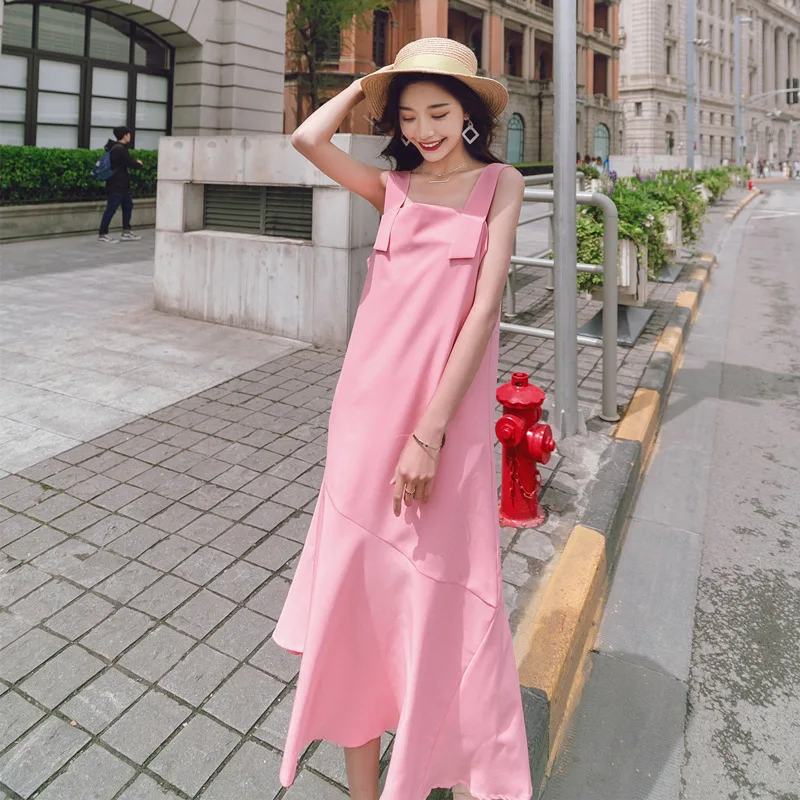 

Photo Shoot 2019 Summer New Style Korean-style Loose-Fit Mid-length Rose Pink Fishtail Suspender Strap Sweet Dress Women's