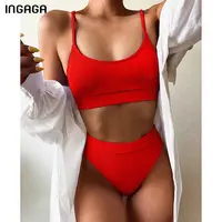 INGAGA High Waist Bikini Swimsuits Women Push Up Swimwear Ribbed Bathing Suit Strap Biquini Sexy Brazilian Bikinis Set Beachwear 3