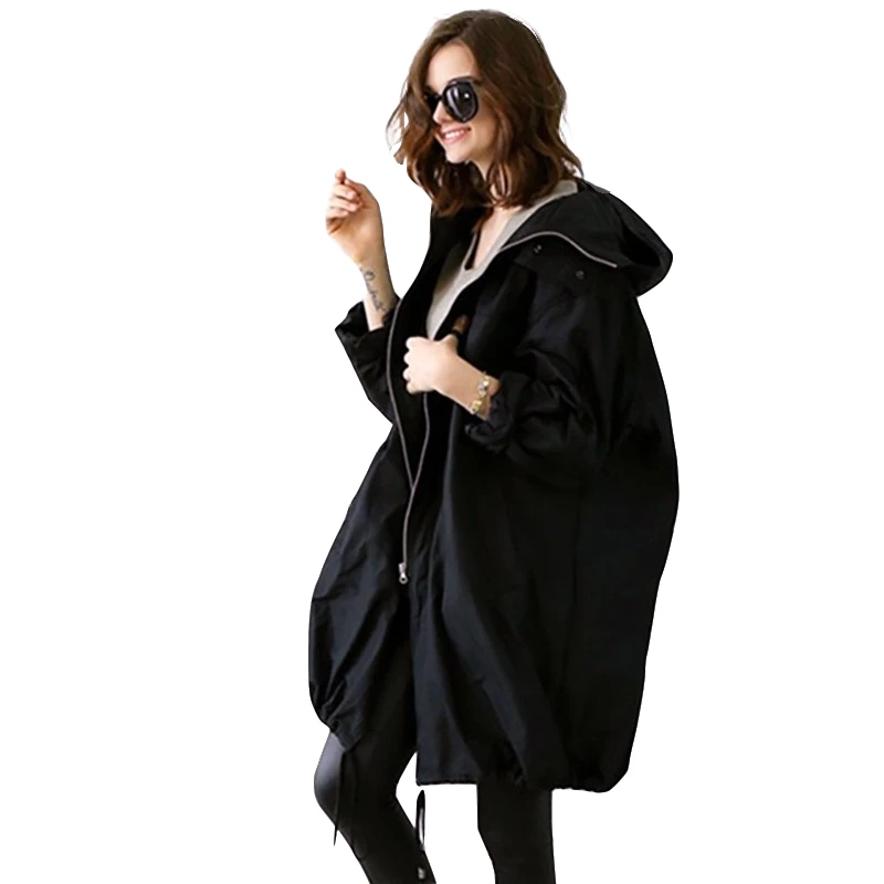 

Trench Coat Women Black Long Sleeve Cover Overcoat Streetwear Sportshirt Oversize Hoodie Loose Hoody Cotton Formal Casual Zipper