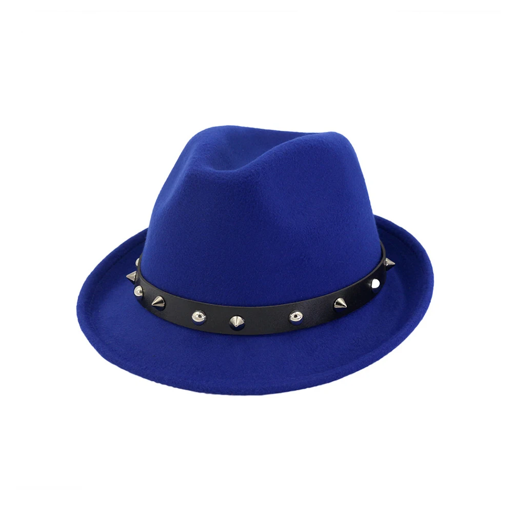 Модная женская и Мужская шерстяная шляпа Fedora с панковской лентой с заклепками элегантная женская шляпа размер 56-58 см - Цвет: Blue