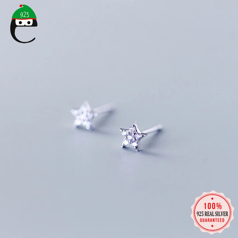 ElfoPlataSi 925 однотонные Настоящее серебро 925 пробы, милая маленькая звезда серьги-гвоздики из кубического циркония для девочек Для женщин изысканное Серебряное украшение ED22