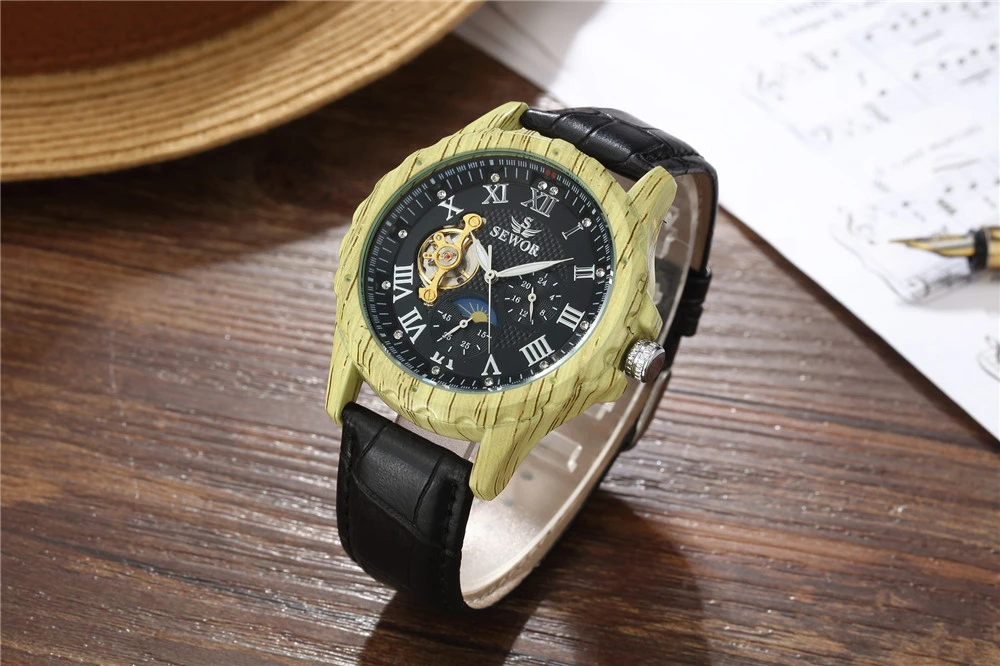 skeleton watch Fashion Wood Watches Men Mechanical Watches Sewor Automatic Mechanical Watches Men Watches Moon Phase reloj hombre Montre Homme luxury mechanical watch