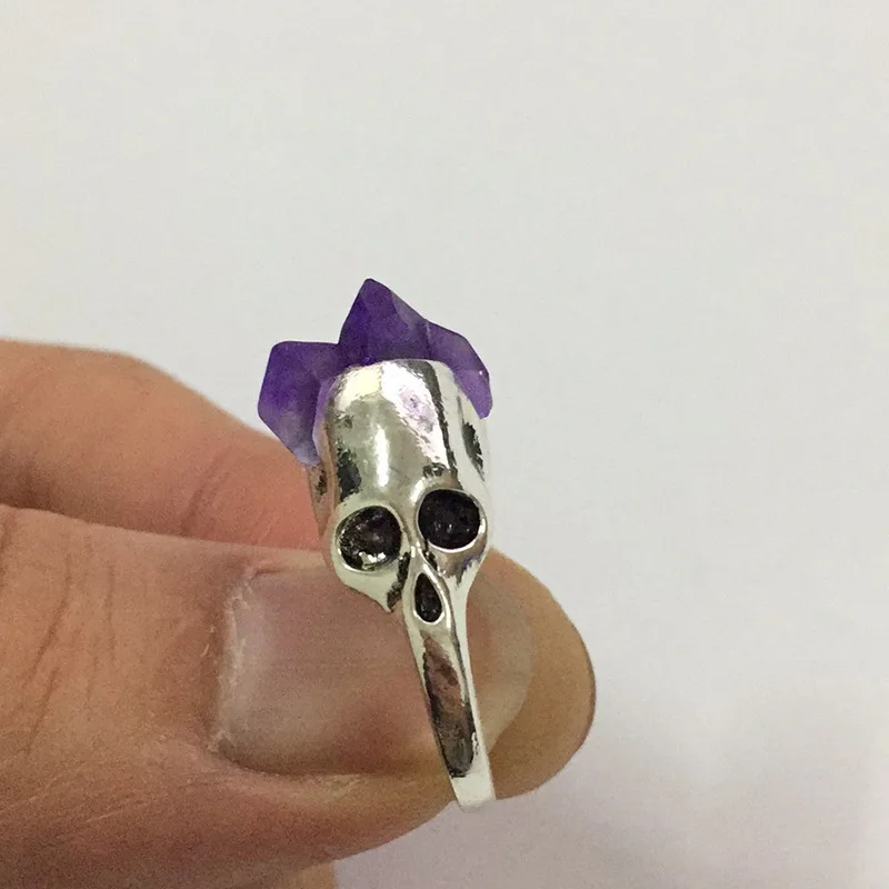 Женское индивидуальное кольцо креативный Серебряный Череп натуральный фиолетовый камень вечерние кольца преувеличенные ювелирные изделия для одежды аксессуары