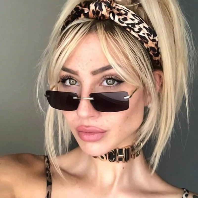 

Rimless square sun glasses for women Rectangle Steampunk 2020 summer style female uv400 green brown