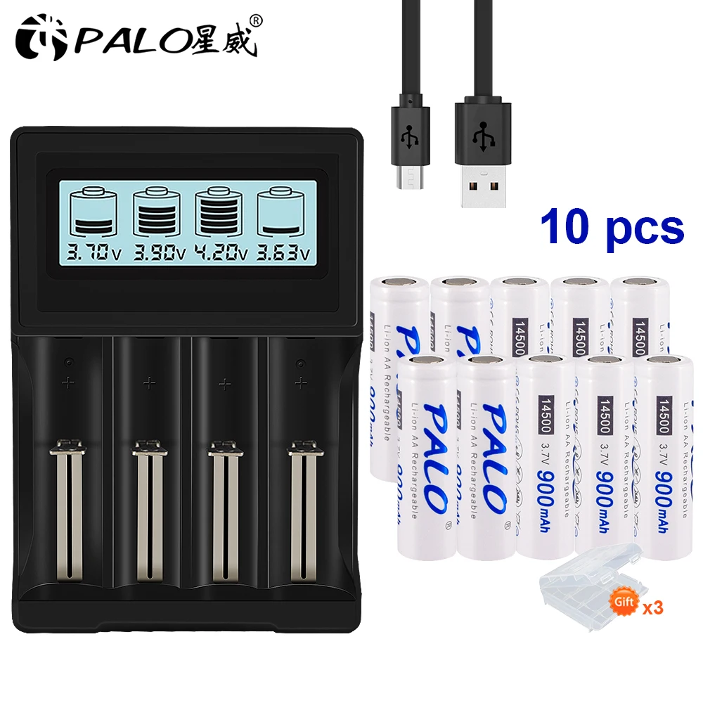 PALO 3.7V 18650 battery charger for 18650 26650 16340 14500 lithium battery+14500 AA Li-Ion Rechargeable Battery - Цвет: 10pcs and charger