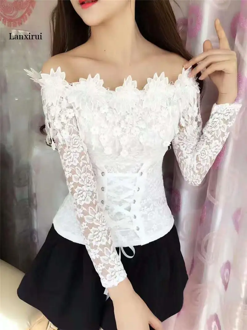 Lanxirui кружевная ажурная блузка корейская мода с воротником-лодочкой тонкая