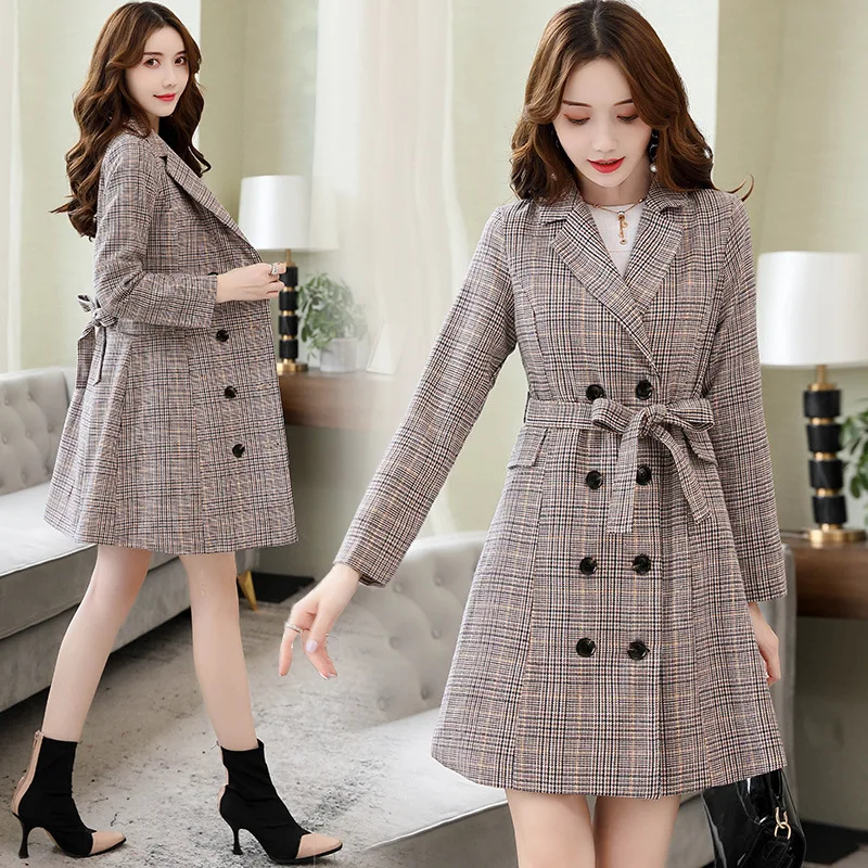 

2019 Autumn New Style Korean-style Fashion Elegant Tartan Mid-length Trench Coat Slim Fit Slimming Versatile WOMEN'S Dress