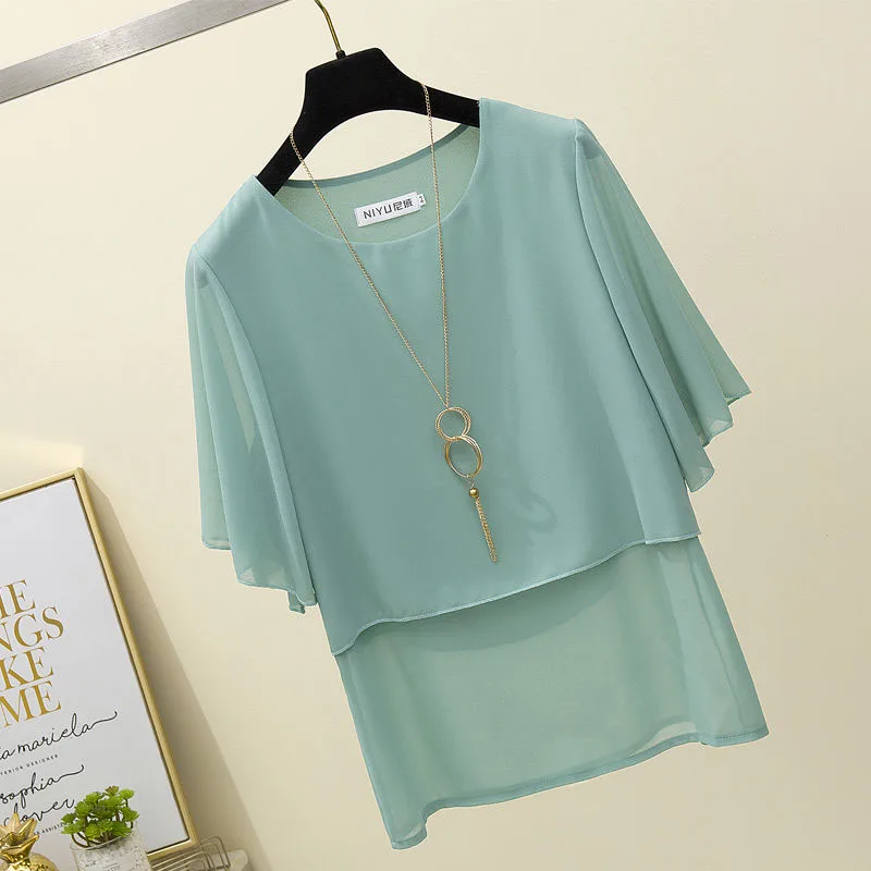 

Summer Style Women Loose Chiffon Blouses Shirts Lady Casual Short Flare Sleeve Multi-layer O-Neck Blusas Tops DF2862