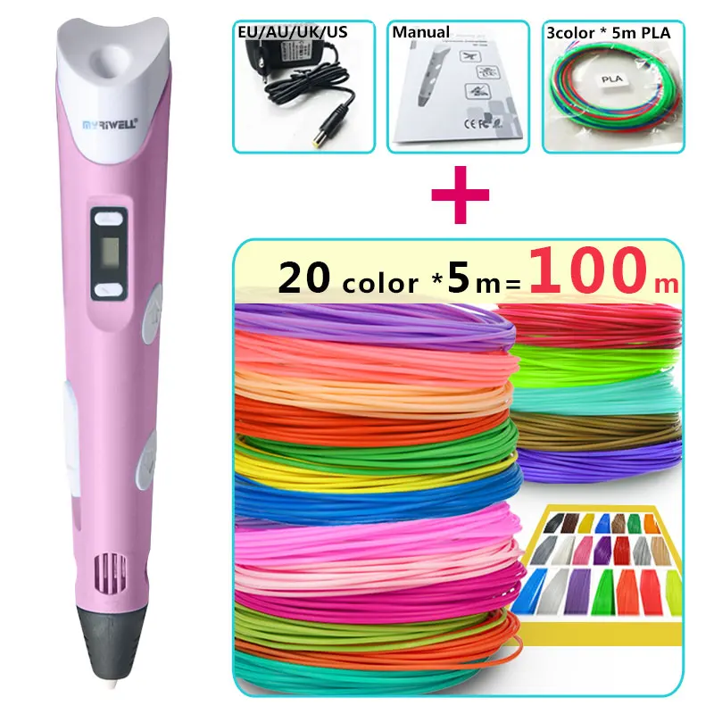 Myriwell 3d ручки, светодиодный дисплей, ABS/PLA нити, 3 d ручка, Смарт 3d ручка с принтом, лучший подарок для детей - Цвет: and 20 color 5m silk