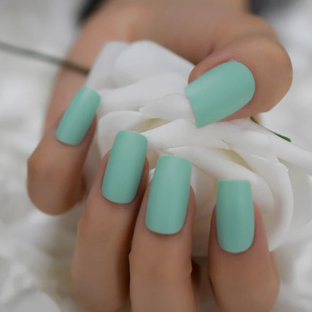 Matte Lake Blue Artificial Nail Medium Pure Color Simple Fingernails Square Full Cover Manicure Accessories Blue False Nails Aliexpress