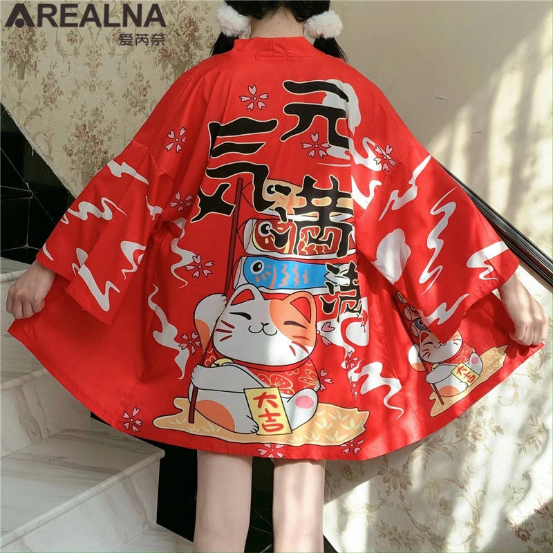 Japanese Kimono Traditional Anime Lucky Cat Women Cardigan with Blet Dress Summer Beach Yukata