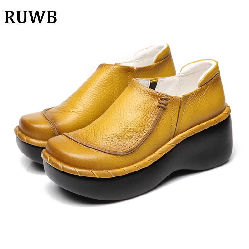

RUWB 2019 Autumn Ladies Street Casual Genuine Leather Pumps Women Shoes Woman Luxury High Quality Wedges Shoes Zapatos De Mujer