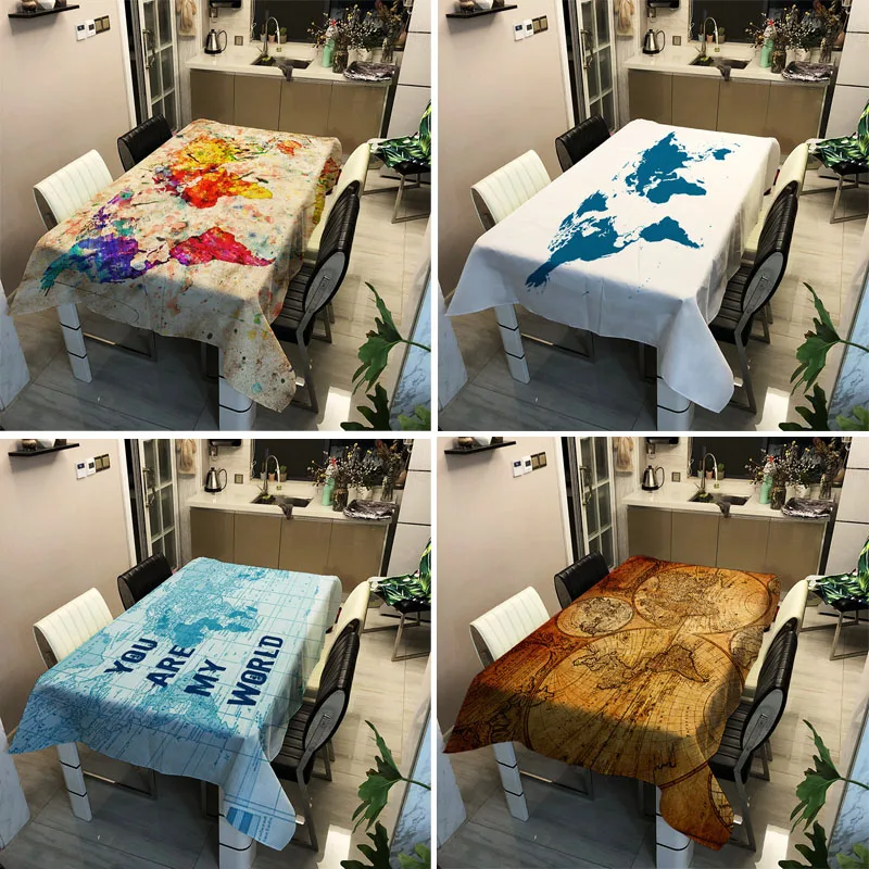 

Vintage World Map Tablecloth 3D Print Retro Waterproof Rectangular Dinner Table Polyester Cloth Picnic Mat Cover Home Decoration