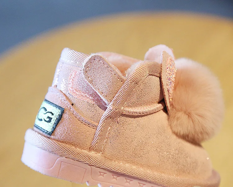 Claladoudou/12-15,5 см; брендовые милые детские ботинки с шикарными ушками; зимняя обувь принцессы с помпоном; толстая плюшевая теплая обувь на плоской подошве для малышей
