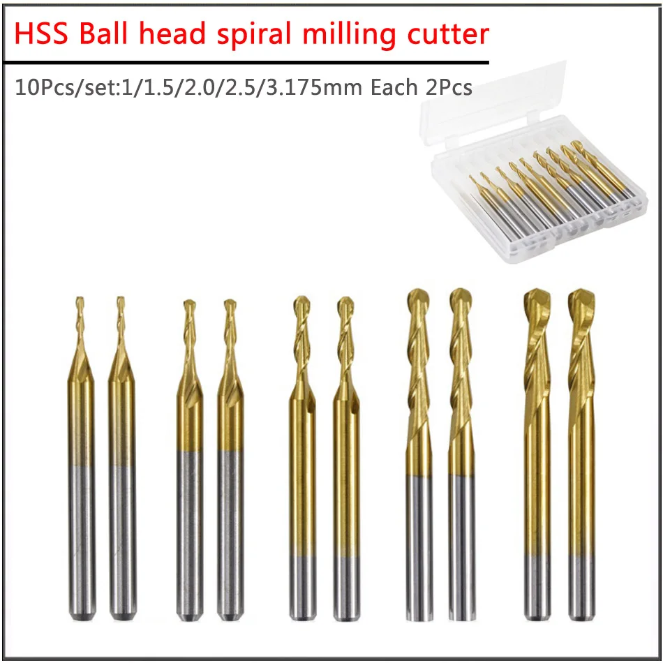 

10pcs set 1 1.5 2. 2.5 3.175mm HSS Ball head spiral milling cutter,Engraving machine titanium plated ball end milling cutter
