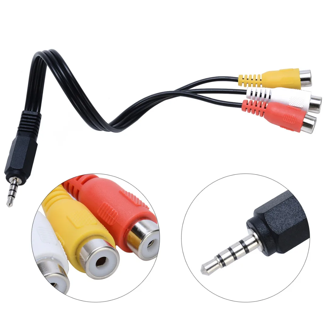 

1pc 3.5mm Mini Aux Male Stereo to 3 RCA Female Audio Video AV Adapter Cable Cord 28cm Mayitr