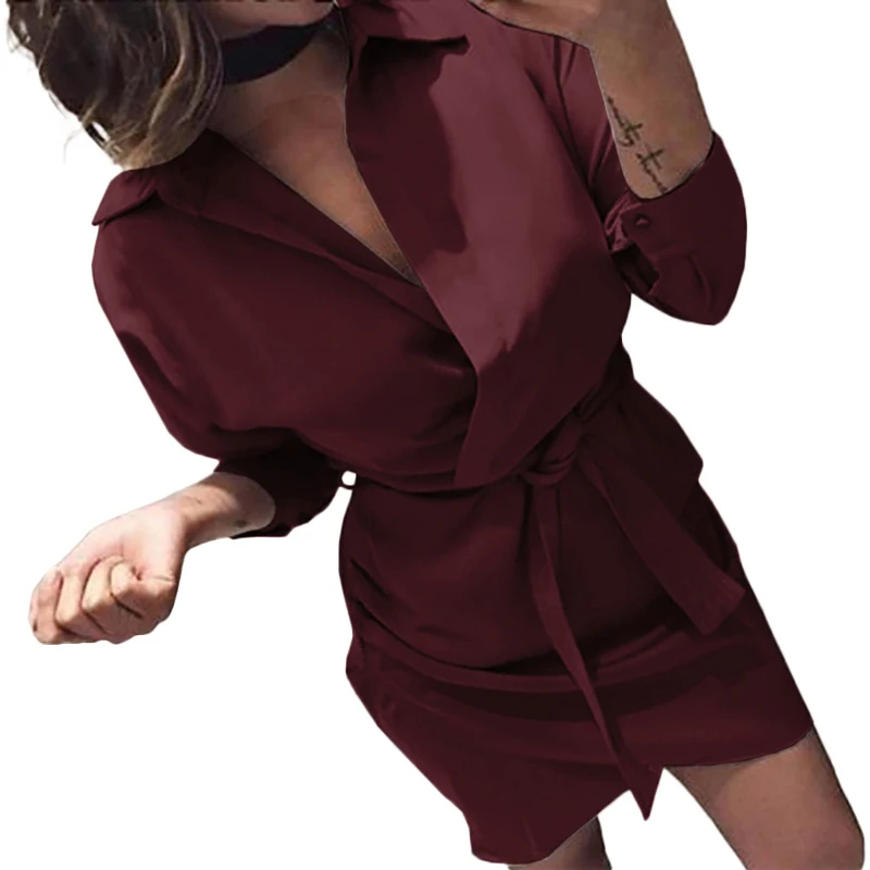 wine red Платье-рубашка с длинным рукавом, летние пляжные платья в стиле бохо, женское повседневное однотонное мини платье для вечеринки vestidos - Цвет: wine red