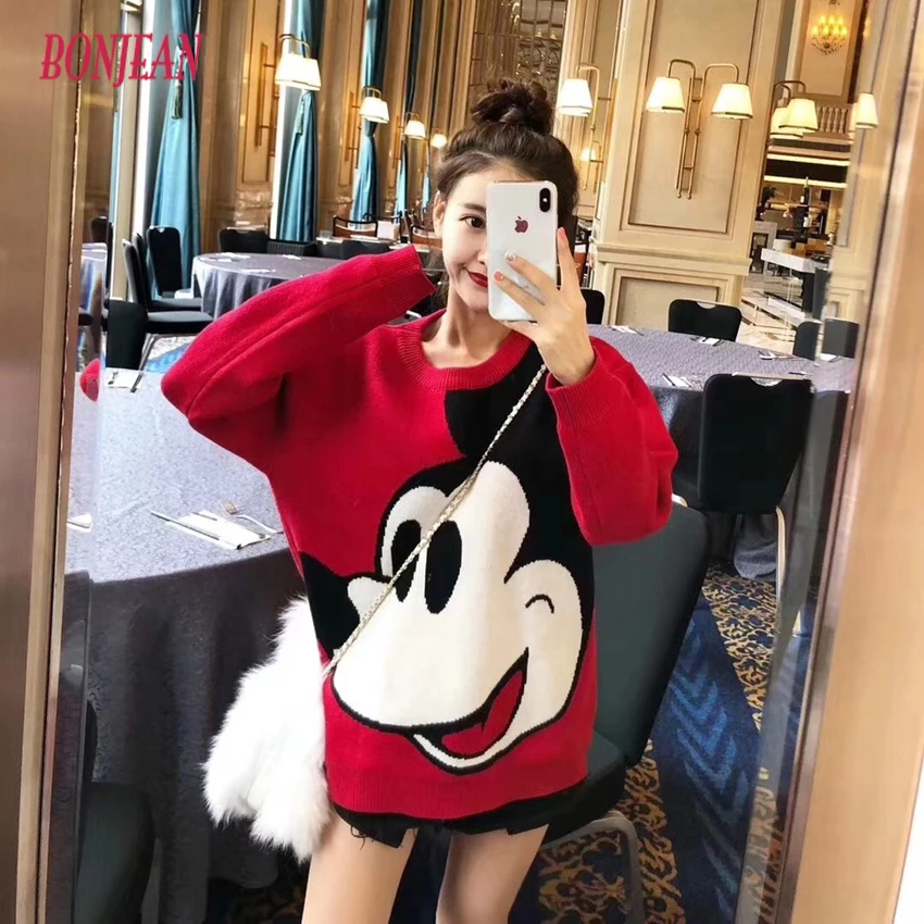 

2020 Autumn Winter Loose Sweater Red Christmas Jumpers Personality Ugly Christmas Cartoon Knitting Pullover