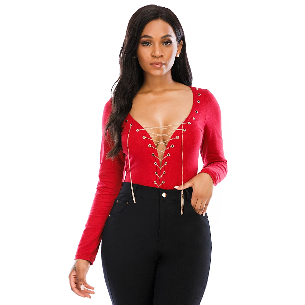 Metal Chain Lace up Bodysuit Women 2020 Autumn Long Sleeve Red Bodycon Body mujer Deep V Sexy Hollow out Woman Bodysuits D30