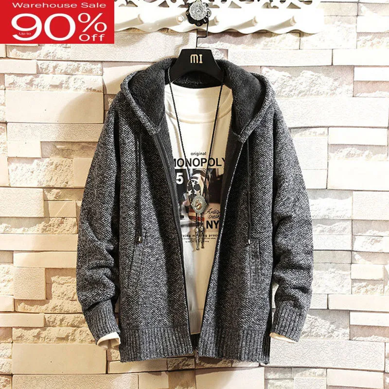 Men Sweater With A Hood Think 2020 New Arrival Winter Plus Velvet To Keep Warm Zipper Male Knitted Cardigan Student Coat M53 | Мужская