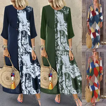 

Long Sleeve New Fashion Women Cotton Linen Maxi Dress Round Neck High Waist Female Autumn Casual Loose Beach Dress