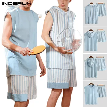 

2020 Men Striped Pajamas Sets Hooded Sleeveless Tops Shorts Breathable Loungewear Sets Summer Fashion Bodybuilding Suit INCERUN