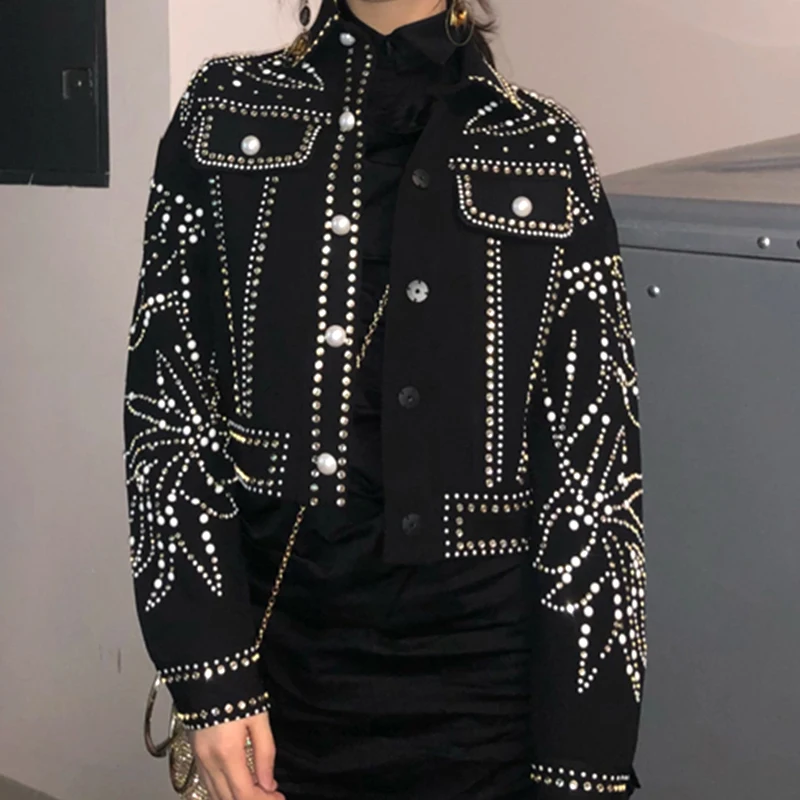 Европейский роскошный лист алмазы пальто с заклепками для женщин осень мода уличная куртка с отложным воротником с длинным рукавом черная джинсовая куртка
