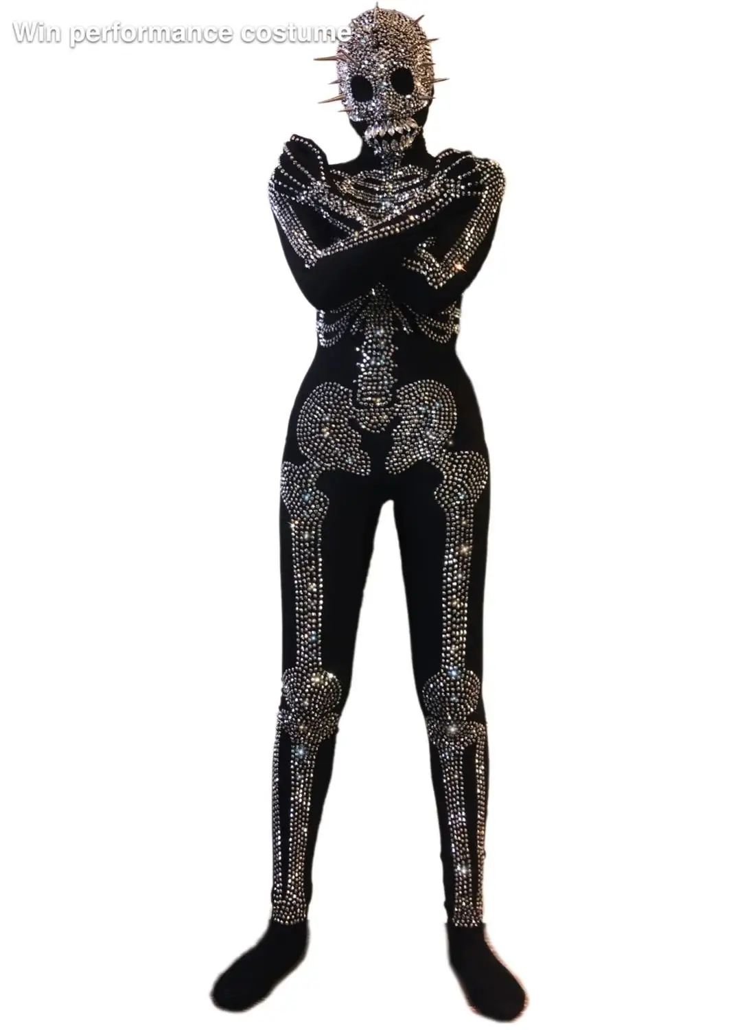 Halloween Outfit Bodysuit Singer Party Show Shining Wear Stage Rhinestone Costume Cosplay Adult Scary Skeleton Print