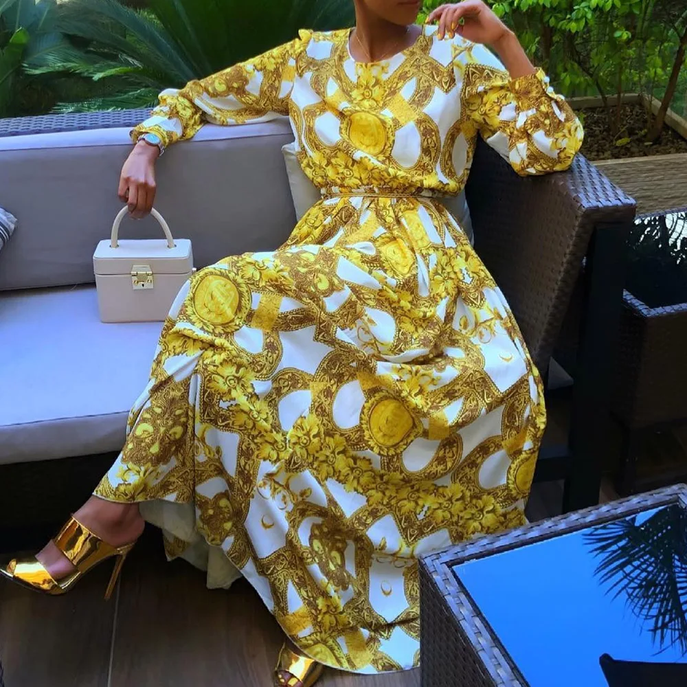 

Summer Elegant Boho Yellow African Women Long Dresses Plus Size Autumn Brand Casual Print Ethnic 2019 Female Fashion Maxi Dress