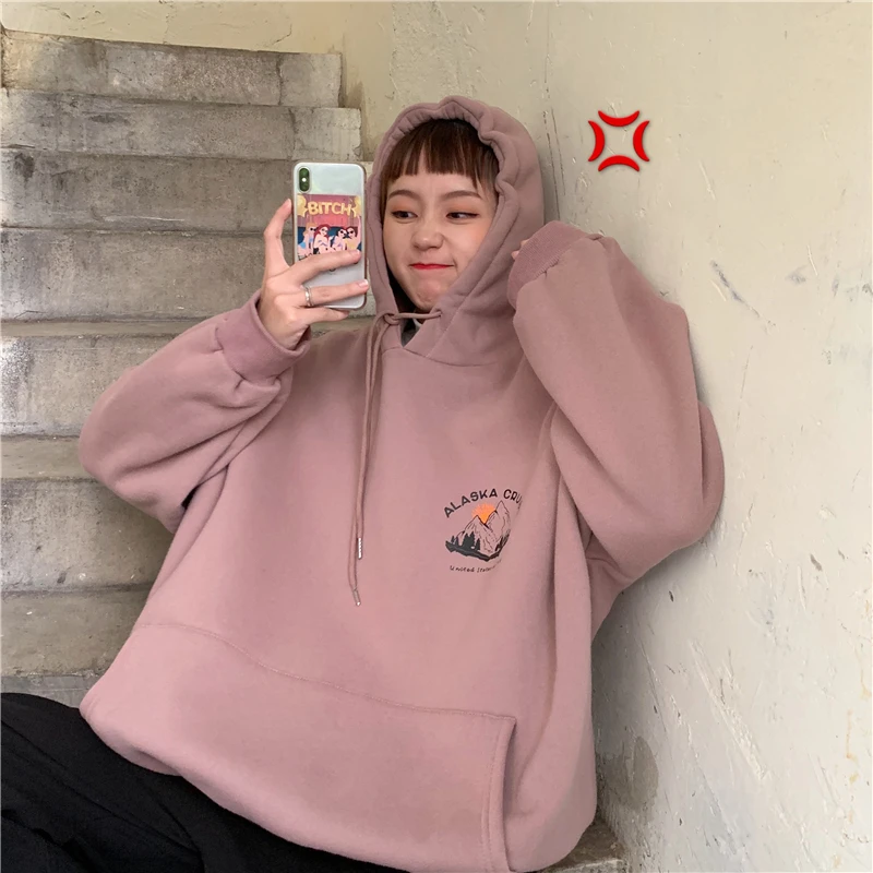 Толстовки женские зимние толстые плюс бархатные с капюшоном Harajuku новые принтованные друзья уличная женская s пуловер негабаритных шикарных Ulzzang