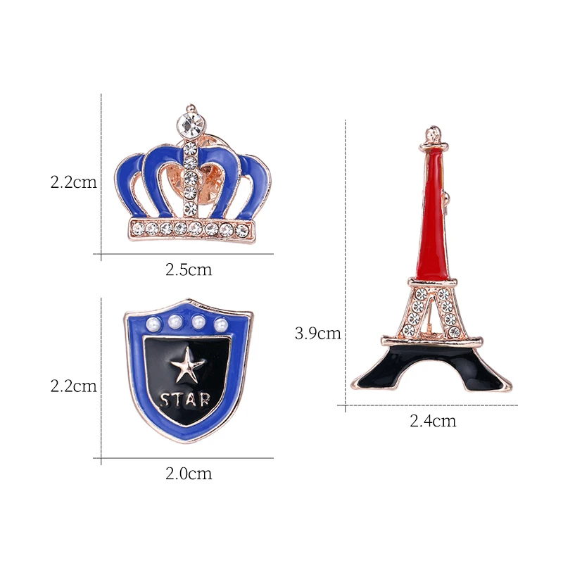 MIEG Brand New Arrival Set of 3 Enameled Crown Shield and Eiffel Tower Brooch Pins | Украшения и аксессуары