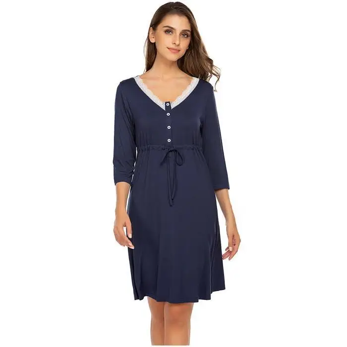 Ekouaer женские сорочки Ночная рубашка с v-образным вырезом рукавом три четверти кружевное лоскутное Ночное платье для сна Женская домашняя одежда домашние платья