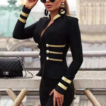 

Preppy Style Women Zipper Slim Suits Short Jacket Office Slim Fit Spring New Deep V neck Button Striped Coat Outwear Tops S-XL