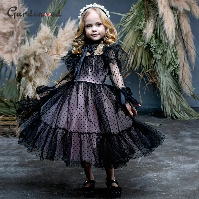 Polka-dot Tulle Flower Girl Dresses Illusion Long Sleeves Girl Wedding Party Dress Ribbons Communion Dress Birthday New Year Black Tea Length